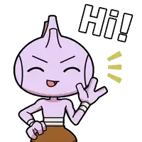 a purple cartoon character says hi with a yellow circle around him