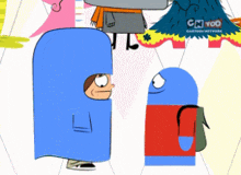 two cartoon characters are standing next to each other in front of a cartoon network tent