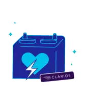 an illustration of a battery with a heart and a lightning bolt next to a clarios sticker