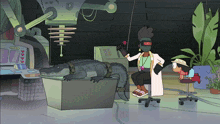 a cartoon of a woman sitting next to a crocodile holding a remote