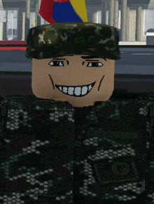 a soldier in a camouflage uniform is smiling in front of a flag