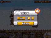 a screenshot of a game that says settings help escape and higher score