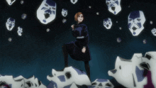 a girl in a black dress stands in front of a bunch of masks
