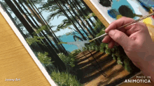 a person is painting a forest scene with a brush and the words made in animatica on the bottom right