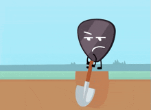a cartoon drawing of a guitar pick holding a shovel with a sad face on it