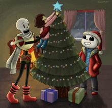 three cartoon characters decorate a christmas tree with a star