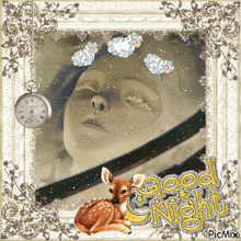 a picture of a woman sleeping with sheep on her head and the words good night on the bottom
