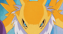 a close up of a cartoon fox with blue eyes and purple gloves
