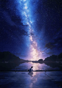 Anime girl stargazing. Cute girl looking at the night sky