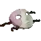 a pixel art of a pink and white donut with a face on it .