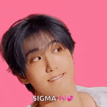a close up of a person 's face with a pink background and the words `` sigma '' written on it .