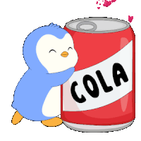 a penguin hugging a can of cola with hearts surrounding it