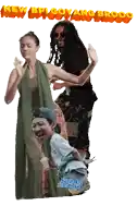a man and two women are dancing with the words new bpi goyang brooc behind them