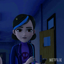 a cartoon girl is holding a phone with netflix written on the bottom