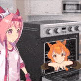 a cartoon of a girl standing next to a stove with a girl sticking her head out of the oven