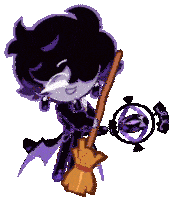 a cartoon character is holding a broom and a purple object .