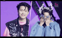 a man with a crown on his head and a woman with a mask on their face