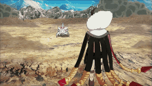 a cartoon character is standing in a desert with mountains in the background and looking at something