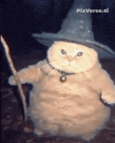 a cat wearing a witch hat and holding a cane