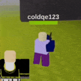 a person is holding a gun in a video game while another person is standing next to them .