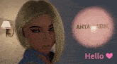 anya dark says hello with a pink heart in the lower right corner