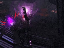 a purple light is shining on a red object in a dark room