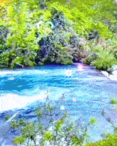 a painting of a river surrounded by greenery and trees