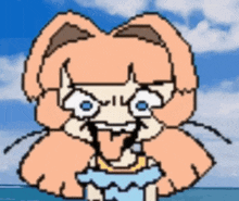 a pixel art drawing of garfield sitting on the beach with his tongue out .