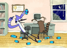 a regular show cartoon shows a raccoon sitting at a desk holding a can of soda