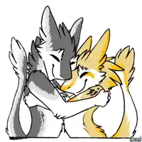 two furry animals hugging each other on a white background .
