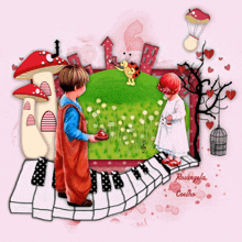 a girl and a boy are standing on a piano keyboard with the name rosangela coelho on the bottom