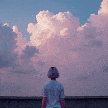 a woman with purple hair stands in front of a pink cloudy sky