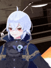 a girl with white hair and red eyes is wearing a black cape