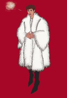 a man in a white fur coat smoking a cigarette on a red background