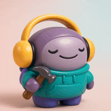 a purple toy wearing headphones and a blue hoodie holds a hammer