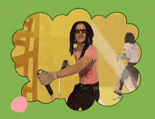 a woman in a pink shirt with the letter g on it stands in front of an open door