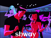 a cartoon of a man and a woman dancing with the word shway in the corner