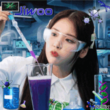 a girl in a lab coat is pouring purple liquid into a beaker with jiwoo written above her