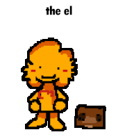 a pixel art drawing of a lion holding a box with the word the el written above it