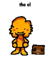 a pixel art drawing of a lion holding a box with the word the el written above it