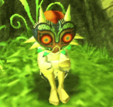 a video game character is sitting in the grass with a mask on his face
