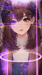 a girl with long brown hair is surrounded by purple light