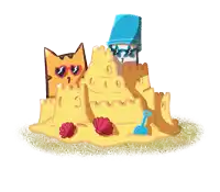a sand castle with a cat wearing heart shaped sunglasses