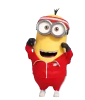 a yellow minion wearing a red jacket and goggles is dancing