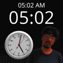 a man stands in front of a clock that reads 5:02