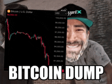 a man with a beard is smiling in front of a screen that says " bitcoin dump "