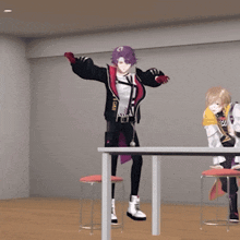 a man with purple hair is jumping over a table with the word team on it