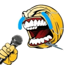 a cartoon smiley face is crying while holding a microphone