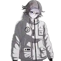 a drawing of a girl with glasses and a jacket that says hbdd