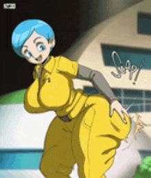 a cartoon of a woman with blue hair and yellow pants
